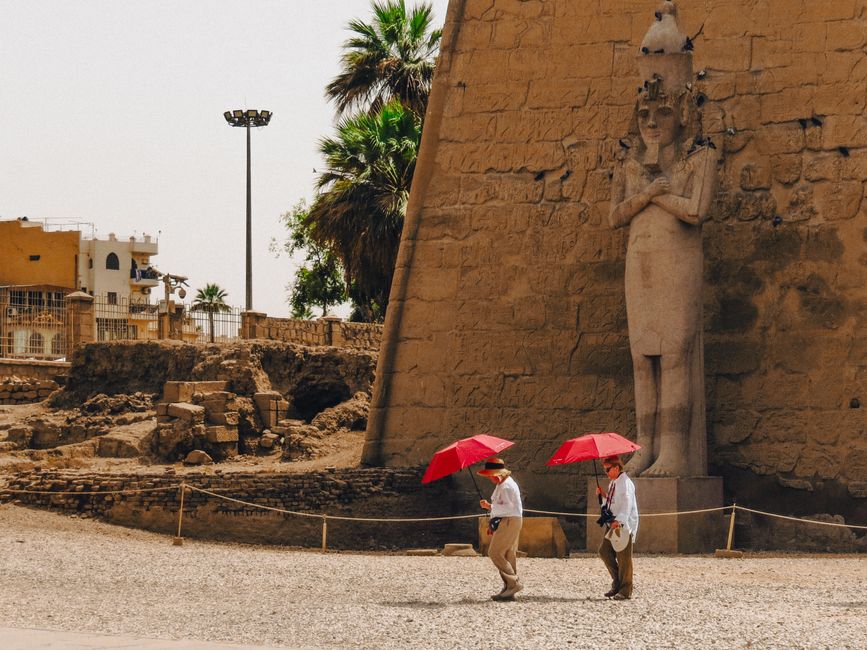 Deux visiteurs aux parapluies rouges passent devant une statue colossale du temple de Louxor