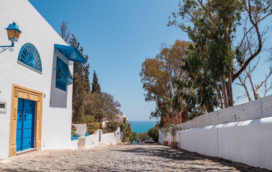 Una calle blanca con puerta azul en Sidi Bou Said, con el mar al fondo